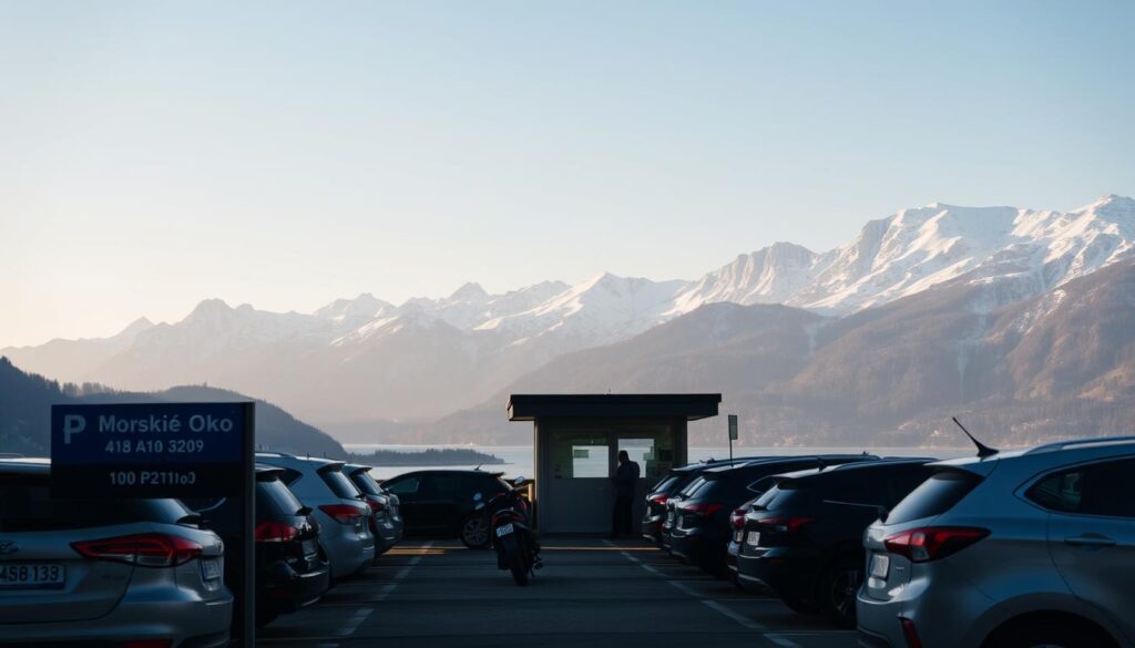 A scenic parking lot in the picturesque Tatra Mountains, nestled near the serene Morskie Oko lake. The foreground features several cars and motorcycles neatly arranged, with clear signage indicating the parking rates. The middle ground showcases the entrance to the parking area, with a kiosk or booth where visitors can pay the fees. In the background, the majestic, snow-capped peaks of the Tatras rise majestically, creating a breathtaking natural backdrop. The scene is bathed in soft, warm lighting, conveying a sense of tranquility and natural wonder. The overall atmosphere evokes the serene, alpine setting of this popular tourist destination. A scenic parking lot in the picturesque Tatra Mountains, nestled near the serene Morskie Oko lake. The foreground features several cars and motorcycles neatly arranged, with clear signage indicating the parking rates. The middle ground showcases the entrance to the parking area, with a kiosk or booth where visitors can pay the fees. In the background, the majestic, snow-capped peaks of the Tatras rise majestically, creating a breathtaking natural backdrop. The scene is bathed in soft, warm lighting, conveying a sense of tranquility and natural wonder. The overall atmosphere evokes the serene, alpine setting of this popular tourist destination.