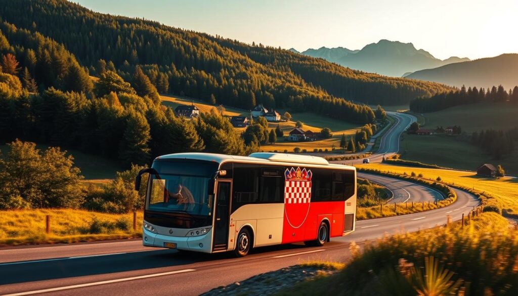 A scenic road winding through rolling hills, lined with lush green forests and quaint villages. In the foreground, a modern intercity bus emblazoned with the colors of the Polish and Croatian flags, reflecting the transnational nature of the journey. The bus is captured in mid-motion, with a sense of energy and movement. The lighting is warm and golden, casting a soft, inviting glow across the pastoral landscape. In the distance, the silhouette of mountains rises against a clear, azure sky, hinting at the picturesque destinations awaiting travelers on this route. The overall tone is one of adventure, exploration, and the connection between these two European countries. A scenic road winding through rolling hills, lined with lush green forests and quaint villages. In the foreground, a modern intercity bus emblazoned with the colors of the Polish and Croatian flags, reflecting the transnational nature of the journey. The bus is captured in mid-motion, with a sense of energy and movement. The lighting is warm and golden, casting a soft, inviting glow across the pastoral landscape. In the distance, the silhouette of mountains rises against a clear, azure sky, hinting at the picturesque destinations awaiting travelers on this route. The overall tone is one of adventure, exploration, and the connection between these two European countries.