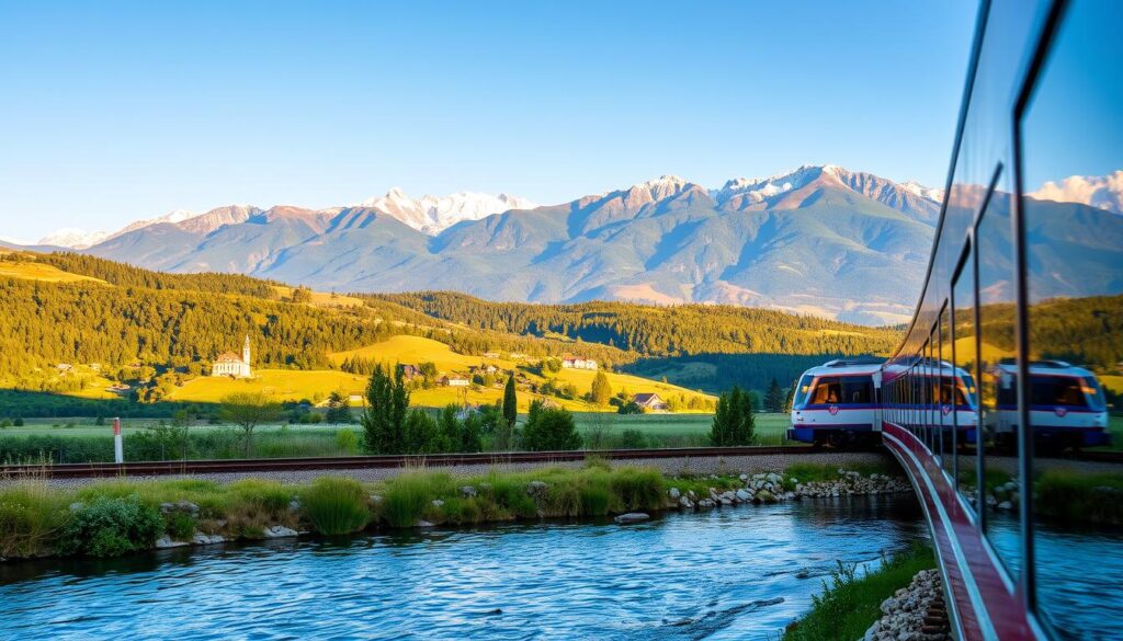 A scenic train journey across the picturesque landscapes of Croatia. In the foreground, a sleek, modern train with a distinct Croatian livery glides smoothly along the tracks, its reflection rippling in the adjacent river. The middle ground features rolling hills dotted with quaint villages and lush, verdant forests, hinting at the diverse and captivating scenery that awaits passengers. The background is dominated by the majestic peaks of the Dinaric Alps, their snow-capped summits bathed in warm, golden light. The scene conveys a sense of adventure, comfort, and the promise of breathtaking vistas that a train trip to Croatia can offer.