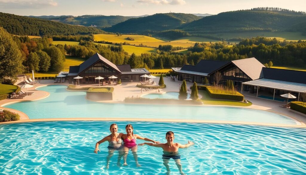 A scenic view of the Termy Poddębice thermal spa resort, showcasing the outdoor pools and lush, verdant surroundings. The foreground features a family relaxing in the warm, azure waters, enjoying the therapeutic benefits. The middle ground depicts the elegant, modern architecture of the spa complex, with its distinctive design and glass facades. In the background, rolling hills and a picturesque landscape create a serene, natural backdrop. The scene is bathed in soft, golden sunlight, creating a calming, rejuvenating atmosphere. The overall composition conveys the tranquility and luxury of the Termy Poddębice experience.
