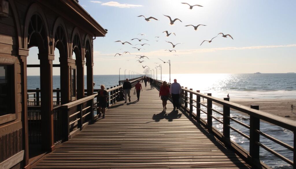 A seaside wooden pier stretching out over the calm, glistening waters of the Baltic Sea in Sopot, Poland. The sun casts a warm, golden glow on the weathered planks and railing, inviting visitors to stroll along and take in the panoramic views of the beach and distant horizon. Seagulls soar gracefully overhead, their cries adding to the serene, coastal ambiance. The pier's entrance is framed by ornate, vintage-style archways, hinting at the historical charm of this beloved local landmark. Families and couples meander leisurely, taking in the sights and enjoying the gentle sea breeze. The scene exudes a sense of tranquility and timeless appeal, capturing the essence of a day spent at Sopot's iconic wooden pier. A seaside wooden pier stretching out over the calm, glistening waters of the Baltic Sea in Sopot, Poland. The sun casts a warm, golden glow on the weathered planks and railing, inviting visitors to stroll along and take in the panoramic views of the beach and distant horizon. Seagulls soar gracefully overhead, their cries adding to the serene, coastal ambiance. The pier's entrance is framed by ornate, vintage-style archways, hinting at the historical charm of this beloved local landmark. Families and couples meander leisurely, taking in the sights and enjoying the gentle sea breeze. The scene exudes a sense of tranquility and timeless appeal, capturing the essence of a day spent at Sopot's iconic wooden pier.