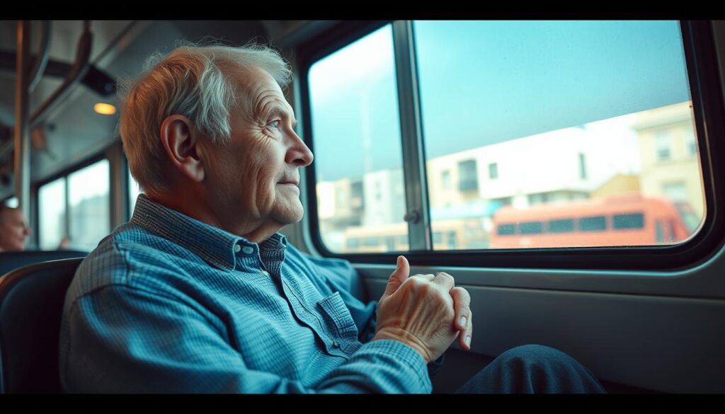 A senior citizen riding a city bus, their weathered face etched with the wisdom of years. The bus interior is bathed in soft, diffused lighting, creating a contemplative atmosphere. The passenger's hands rest gently on their lap, as they gaze out the window at the urban landscape passing by. The scene conveys a sense of quiet dignity and the comfort found in the routine of public transportation. The bus's sleek, modern design and the passenger's relaxed posture suggest a well-functioning and accessible public transit system catering to the needs of the elderly. A senior citizen riding a city bus, their weathered face etched with the wisdom of years. The bus interior is bathed in soft, diffused lighting, creating a contemplative atmosphere. The passenger's hands rest gently on their lap, as they gaze out the window at the urban landscape passing by. The scene conveys a sense of quiet dignity and the comfort found in the routine of public transportation. The bus's sleek, modern design and the passenger's relaxed posture suggest a well-functioning and accessible public transit system catering to the needs of the elderly.