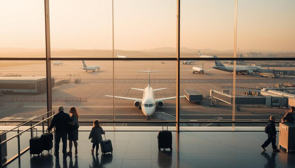 A serene aerial view of a modern international airport terminal, its sleek glass and steel architecture bathed in warm, golden late-afternoon light. In the foreground, a family prepares to embark on a journey, their luggage neatly arranged as they queue at the check-in counter. The middle ground features a panoramic vista of the tarmac, with commercial airliners in various stages of arrival and departure. In the distance, the silhouettes of skyscrapers and distant hills create a sense of scale and context. The overall atmosphere conveys the excitement and anticipation of international travel, with a touch of melancholy for those bidding farewell.