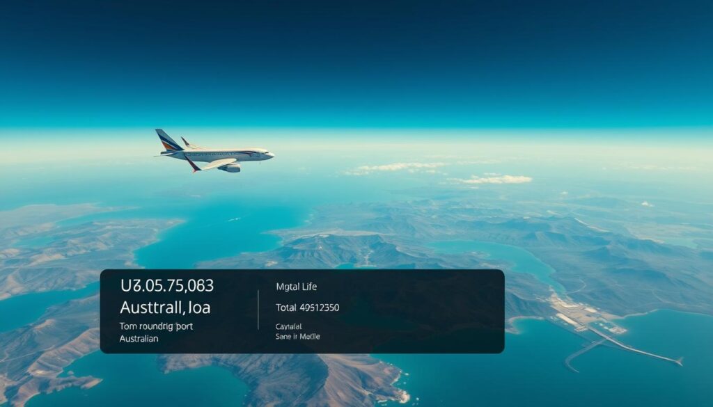 A serene aerial view of the Australian continent, with a commercial passenger jet soaring gracefully across the clear azure sky. The aircraft's silhouette casts a fleeting shadow upon the vast, rugged landscapes below, hinting at the epic journey it undertakes. In the foreground, a digital interface displays detailed flight information, including the total roundtrip fare from a major international airport to a prominent Australian destination. The scene evokes a sense of wonder, adventure, and the boundless possibilities that await the traveler embarking on this transcontinental voyage.