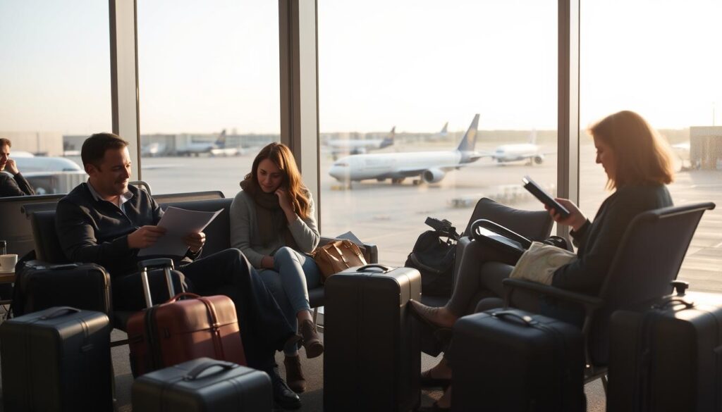 A serene airport lounge with travellers comfortably seated, their luggage nearby. A pair of travelers review documents, while others sip coffee and read. Soft, diffused lighting illuminates the scene, creating a calming atmosphere. In the background, a large window offers a view of the tarmac and passing aircraft, a reminder of the journey ahead. The overall tone conveys a sense of security and preparedness, highlighting the value of travel insurance in providing protection during one's travels. A serene airport lounge with travellers comfortably seated, their luggage nearby. A pair of travelers review documents, while others sip coffee and read. Soft, diffused lighting illuminates the scene, creating a calming atmosphere. In the background, a large window offers a view of the tarmac and passing aircraft, a reminder of the journey ahead. The overall tone conveys a sense of security and preparedness, highlighting the value of travel insurance in providing protection during one's travels.