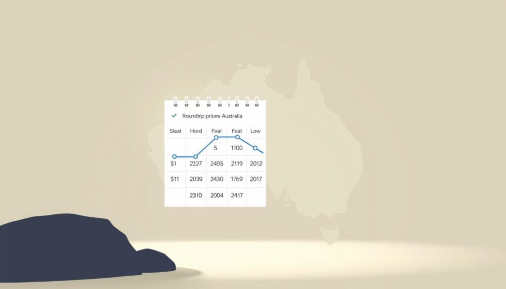 A serene, minimalist illustration depicting the seasonality of airfare prices to Australia. In the foreground, a stylized calendar showcases the fluctuating costs of roundtrip flights, with peaks and valleys representing high and low seasons. The background features a silhouette of the Australian continent, rendered in muted tones to emphasize the financial data. Soft, diffused lighting creates a sense of tranquility, allowing the numerical information to be the focal point. The overall composition is clean and uncluttered, guiding the viewer's attention to the core message of seasonal pricing variations for travel to Australia.