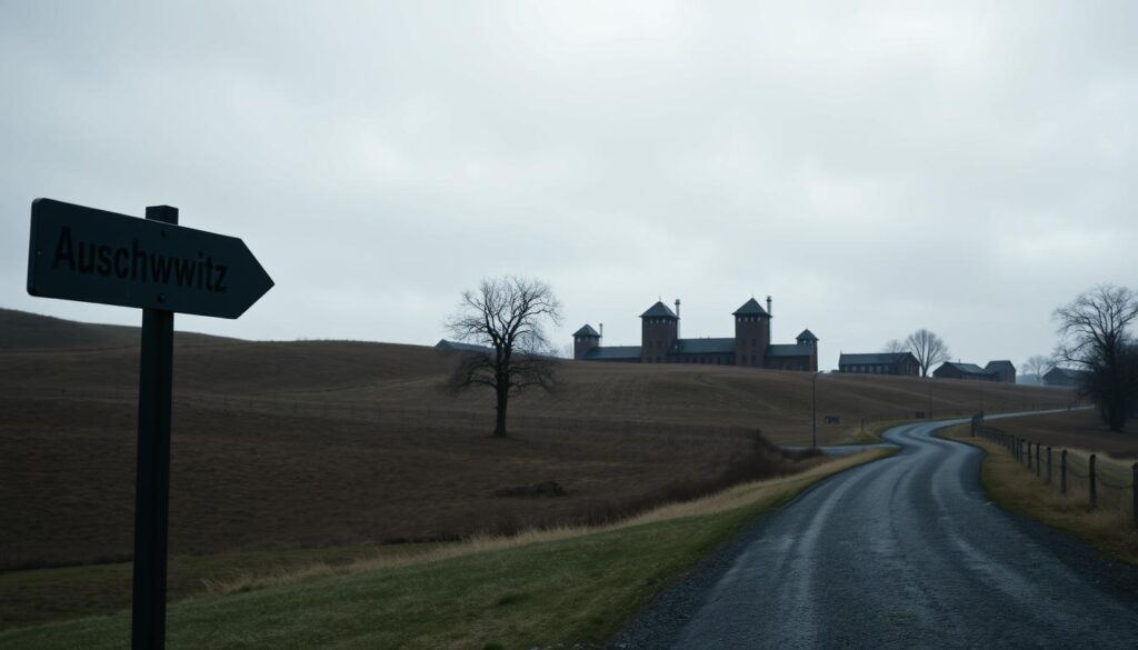 A serene, overcast landscape with rolling hills and a winding road leading towards a somber, monumental entrance. In the foreground, a signpost indicates the direction to "Auschwitz", its pointed arrow casting a long shadow. The middle ground features a sparse, windswept field punctuated by the occasional barren tree. In the distance, the iconic guard towers and brick buildings of the Auschwitz-Birkenau Memorial and Museum complex loom, their stark silhouettes against a gray, heavy sky. Subtle textures and muted tones convey a sense of solemnity and contemplation, inviting the viewer to reflect on the significance of this historical site.