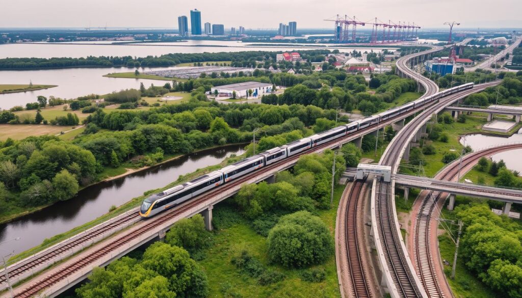 A serene overhead view of the SKM (Szybka Kolej Miejska) rail line connecting the cities of Gdańsk and Gdynia, Poland. The sleek, modern trains glide smoothly along the tracks, weaving through the picturesque coastal landscape. Towering buildings and cranes in the background hint at the urban centers, while in the foreground, the winding tracks cut through lush greenery and cross over bridges spanning inlets and waterways. Soft, diffused lighting creates a calming, atmospheric mood, inviting the viewer to imagine the journey from one city to the other. The scene conveys the efficiency and convenience of the regional commuter rail system, a vital transportation link for the residents of this dynamic metropolitan area. A serene overhead view of the SKM (Szybka Kolej Miejska) rail line connecting the cities of Gdańsk and Gdynia, Poland. The sleek, modern trains glide smoothly along the tracks, weaving through the picturesque coastal landscape. Towering buildings and cranes in the background hint at the urban centers, while in the foreground, the winding tracks cut through lush greenery and cross over bridges spanning inlets and waterways. Soft, diffused lighting creates a calming, atmospheric mood, inviting the viewer to imagine the journey from one city to the other. The scene conveys the efficiency and convenience of the regional commuter rail system, a vital transportation link for the residents of this dynamic metropolitan area.
