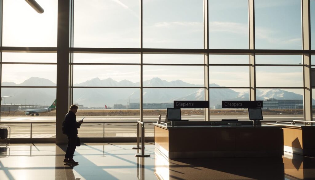 A serene, scenic view of an Icelandic airport terminal, bathed in soft, diffused natural lighting filtering through large windows. In the foreground, a traveler stands before an airline ticket counter, examining their itinerary. The middle ground showcases the clean, modern architecture and minimalist design elements characteristic of Icelandic infrastructure. In the background, snow-capped mountains rise majestically, creating a breathtaking backdrop. The overall atmosphere conveys a sense of tranquility, efficiency, and the natural beauty that draws visitors to this Nordic island nation. A visually striking scene that encapsulates the essence of the cost of travel to Iceland.