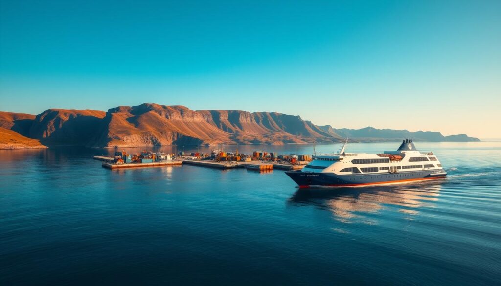 A serene seascape showcasing the popular ferry routes from Poland to Sweden. In the foreground, a sleek, modern ferry glides across the calm, azure waters, its hull reflecting the surrounding landscape. The middle ground features a bustling port, with dock workers loading and unloading cargo, while in the background, majestic cliffs and rolling hills create a picturesque backdrop. The scene is bathed in warm, golden sunlight, conveying a sense of tranquility and efficiency. The composition emphasizes the scale and connectivity of these vital maritime transportation links, inviting the viewer to imagine the journey across the Scandinavian strait.