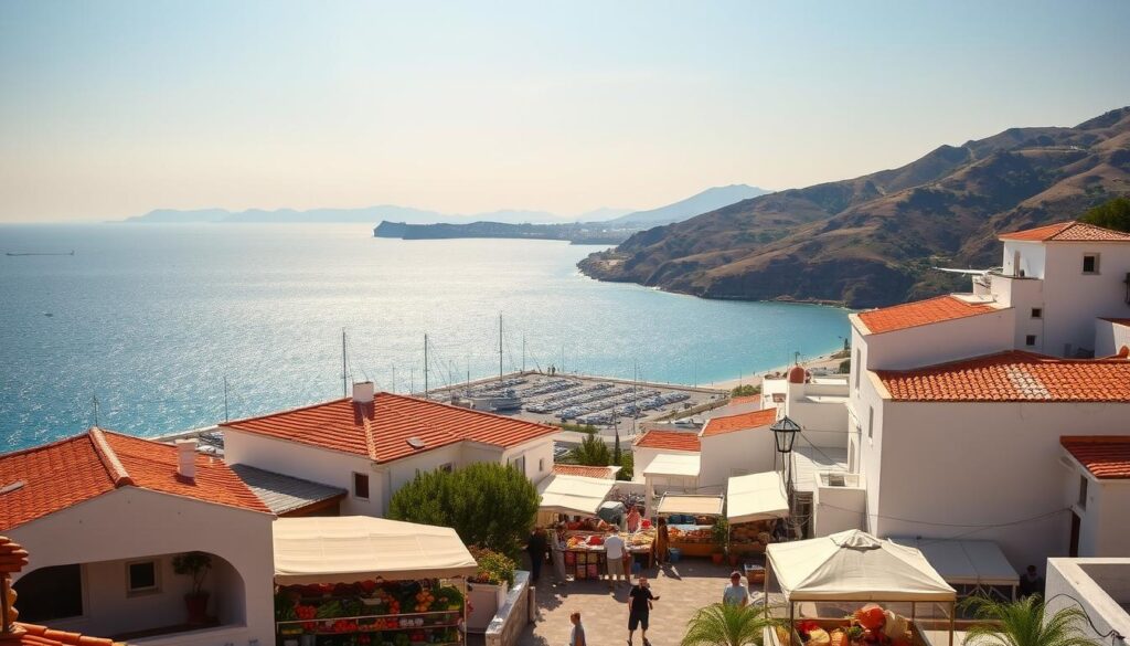 A serene seaside landscape in Greece, with a picturesque port town nestled between rolling hills and a sparkling azure sea. The scene is bathed in warm, golden sunlight, casting a soft glow over the quaint whitewashed buildings and terracotta roofs. In the foreground, a bustling outdoor market showcases vibrant produce and local handicrafts, hinting at the vibrant culture and favorable climate. The middle ground features a small airport terminal, with a few propeller planes taking off or landing, representing the ease of travel during the off-peak seasons. In the background, a panoramic view of the Aegean coastline, with distant islands and mountains creating a stunning backdrop. A serene seaside landscape in Greece, with a picturesque port town nestled between rolling hills and a sparkling azure sea. The scene is bathed in warm, golden sunlight, casting a soft glow over the quaint whitewashed buildings and terracotta roofs. In the foreground, a bustling outdoor market showcases vibrant produce and local handicrafts, hinting at the vibrant culture and favorable climate. The middle ground features a small airport terminal, with a few propeller planes taking off or landing, representing the ease of travel during the off-peak seasons. In the background, a panoramic view of the Aegean coastline, with distant islands and mountains creating a stunning backdrop.