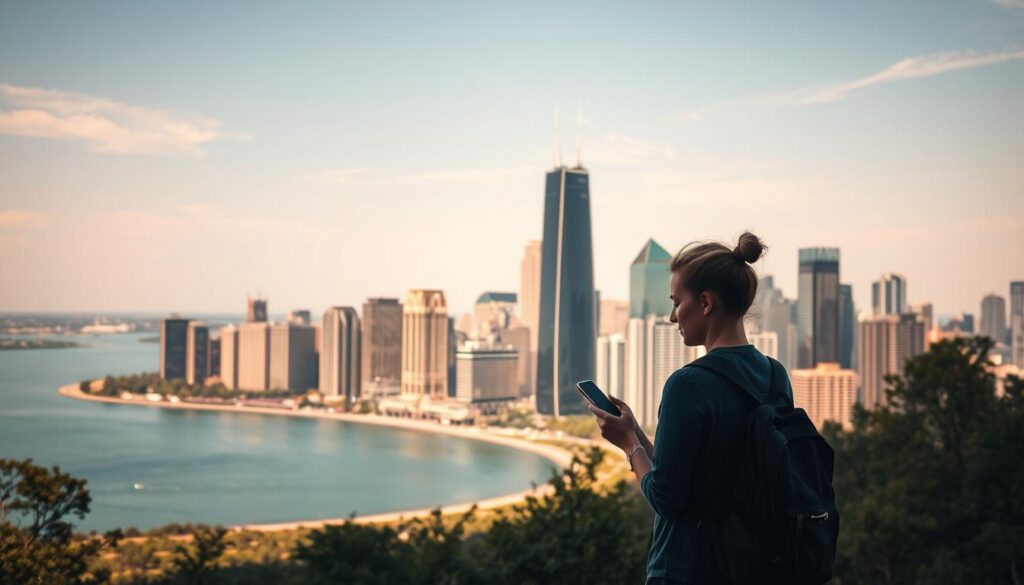 A serene, sun-dappled scene of Chicago's iconic skyline, captured from a scenic viewpoint overlooking the city. In the foreground, a traveler stands, gazing thoughtfully at their phone as they research the cost of a round-trip airline ticket. The middle ground features the magnificent skyscrapers of downtown Chicago, their glass facades glimmering in the warm, golden light. In the background, a tranquil lake stretches out, its surface reflecting the city's breathtaking architecture. The overall atmosphere conveys a sense of anticipation and exploration, inviting the viewer to imagine the journey and experiences that await.