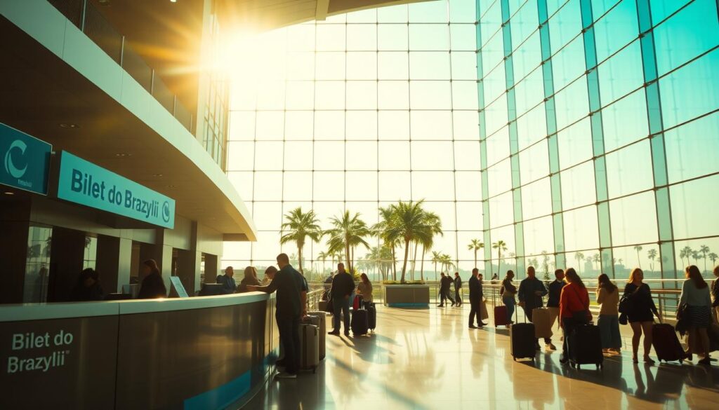 A serene, sun-drenched scene of a Brazilian airport terminal. In the foreground, a sleek, modern boarding pass counter with a stylized "Bilet do Brazylii" signage. Travelers queue patiently, their luggage and carry-ons by their side. The middle ground showcases the grand, high-ceilinged concourse, its glass walls allowing natural light to flood the space. Distant palm trees sway gently outside, hinting at the tropical paradise awaiting beyond the gates. Soft, diffused lighting creates a warm, inviting ambiance, while the clean, minimalist architecture lends an air of efficiency and professionalism to the setting. An establishing shot that captures the essence of the journey to Brazil, both in anticipation and practicality.