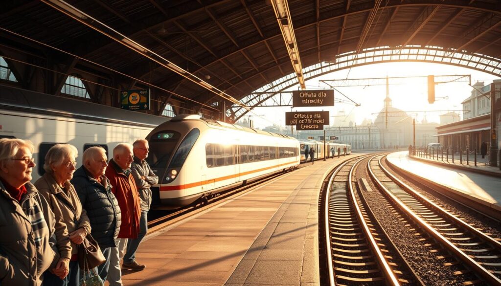 A serene train station platform, bathed in warm afternoon light. In the foreground, a group of elderly passengers, their faces filled with anticipation, stand patiently by the tracks. Behind them, a sleek PKP Intercity train awaits, its metallic exterior gleaming. The middle ground features prominent signage highlighting the "Oferta dla osób po 70 roku życia" - the senior citizen discount program. The background is a panoramic view of the station, with its classic architecture and bustling activity, creating a sense of comfort and accessibility. The overall scene conveys a mood of inclusivity, as the senior travelers are seamlessly integrated into the larger transportation ecosystem. A serene train station platform, bathed in warm afternoon light. In the foreground, a group of elderly passengers, their faces filled with anticipation, stand patiently by the tracks. Behind them, a sleek PKP Intercity train awaits, its metallic exterior gleaming. The middle ground features prominent signage highlighting the "Oferta dla osób po 70 roku życia" - the senior citizen discount program. The background is a panoramic view of the station, with its classic architecture and bustling activity, creating a sense of comfort and accessibility. The overall scene conveys a mood of inclusivity, as the senior travelers are seamlessly integrated into the larger transportation ecosystem.