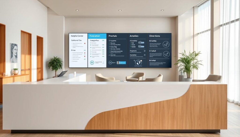 A serene, well-appointed interior of a modern wellness center. In the foreground, a sleek, minimalist reception desk with clean lines and a warm, natural wood finish. Behind it, a large digital display showcases helpful practical information for visitors - schedules, prices, amenities, and directions. The middle ground features plush seating areas with comfortable chairs and sofas, inviting guests to relax. The background reveals floor-to-ceiling windows flooding the space with soft, diffused natural light, offering a calming, spa-like ambiance. The overall atmosphere exudes a sense of tranquility, professionalism, and attention to detail, perfectly suited for a practical pre-visit informational section.