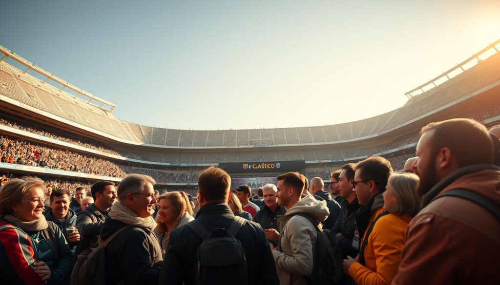 A serene, well-lit stadium concourse filled with enthusiastic football fans eagerly queuing to purchase tickets for the highly anticipated El Clásico match between FC Barcelona and Real Madrid. The scene is bathed in a warm, golden light, creating a sense of anticipation and excitement. In the foreground, a group of fans, diverse in age and attire, animatedly discuss the upcoming fixture, their expressions a mix of excitement and anticipation. The middle ground features a well-organized ticket booth, manned by attentive staff, ready to assist the eager patrons. In the background, the iconic stadium looms, its grand architecture and signage adding to the atmosphere of this pivotal event.