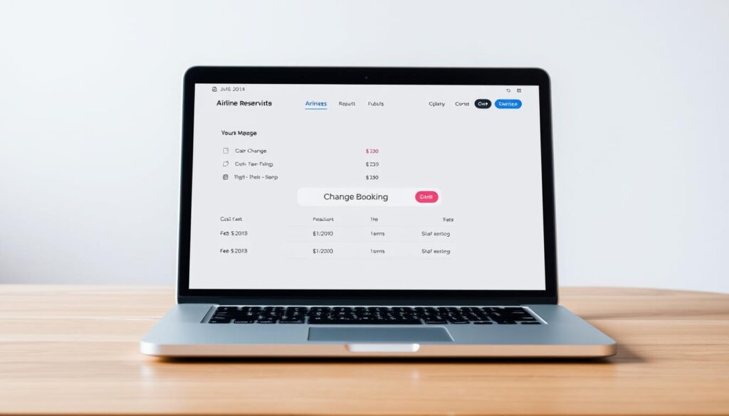A sleek, modern airline booking interface with a prominent "Change Booking" button, displayed on a laptop or tablet screen. The interface has a clean, minimalist design with a neutral color palette, making the key information and actions stand out. The screen is placed on a wooden or marble surface, with a simple background that creates a sense of sophistication and professionalism. The lighting is soft and diffused, creating a warm and inviting atmosphere. The overall composition suggests the process of changing a flight reservation, with a focus on the cost and fees associated with this action. A sleek, modern airline booking interface with a prominent "Change Booking" button, displayed on a laptop or tablet screen. The interface has a clean, minimalist design with a neutral color palette, making the key information and actions stand out. The screen is placed on a wooden or marble surface, with a simple background that creates a sense of sophistication and professionalism. The lighting is soft and diffused, creating a warm and inviting atmosphere. The overall composition suggests the process of changing a flight reservation, with a focus on the cost and fees associated with this action.