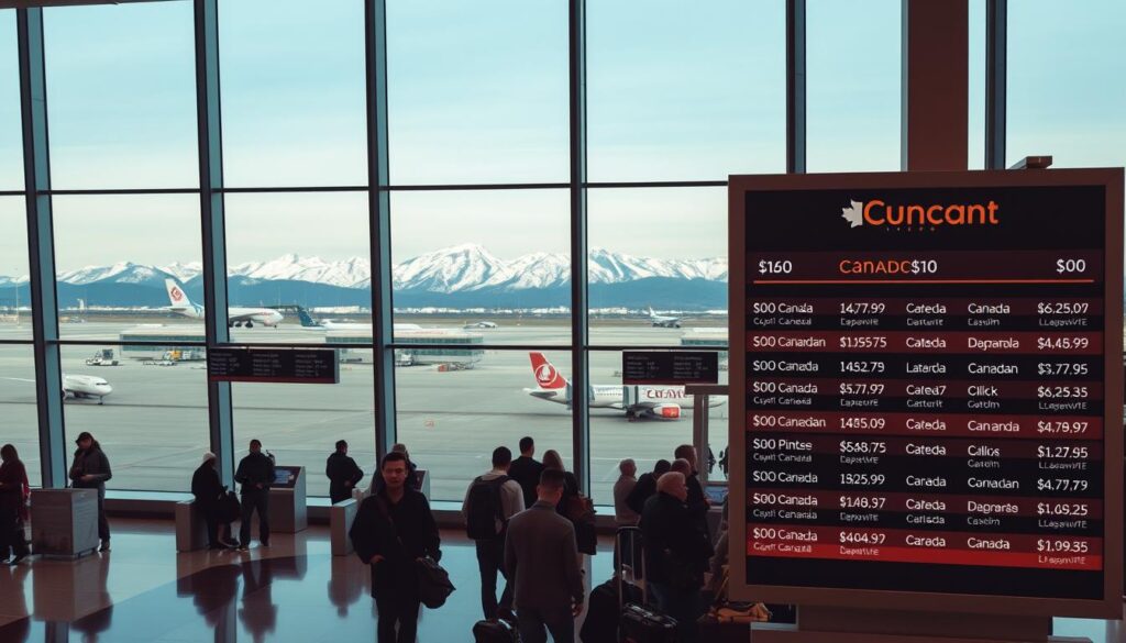 A sleek, modern airport departure lounge with floor-to-ceiling windows offering panoramic views of the tarmac and distant snow-capped mountains. Travelers check flight information on digital displays as they queue at airline counters. Warm, subdued lighting and muted tones create a calming atmosphere. In the foreground, a large departures board showcases flight routes to various Canadian destinations, their prices prominently displayed. The scene conveys the excitement and anticipation of international travel, with a focus on the affordable airfares to Canada.