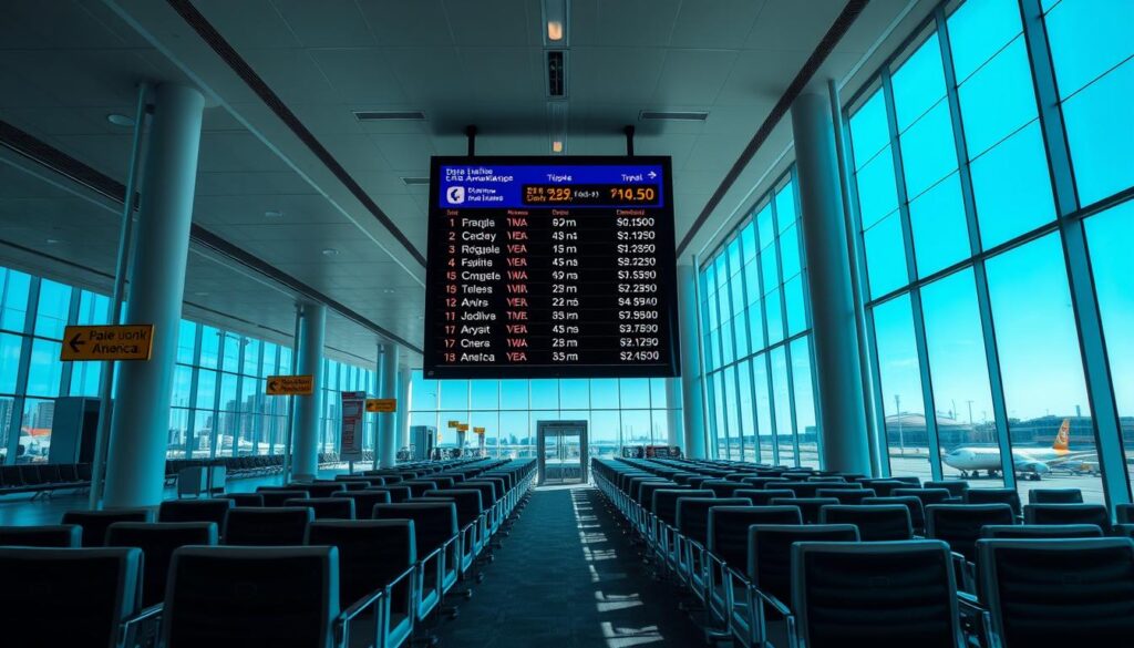 A sleek, modern airport departure lounge with rows of comfortable seats and charging stations. Streams of natural light pour in through large panoramic windows, illuminating the clean, minimalist aesthetic. In the center, a digital board displays flight information and departure times for flights to various US destinations, including the prices of economy class tickets. The scene conveys a sense of anticipation and excitement for international travel, with passengers eagerly awaiting their flights to America.