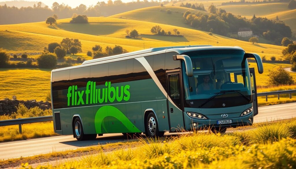 A sleek, modern coach bus zooms down a French highway, flanked by lush green hills and a picturesque countryside landscape. The bus's bold Flixbus or Ouibus branding is prominently displayed, conveying an efficient, affordable transportation option. The scene is bathed in warm, golden afternoon light, creating a welcoming, inviting atmosphere. The bus's wheels kick up a gentle spray of gravel, adding a sense of motion and momentum. The composition places the bus in the foreground, with the scenic backdrop filling the middle and background, creating depth and visual interest. This image effectively captures the essence of traveling to France by bus - a cost-effective, comfortable, and scenic journey.
