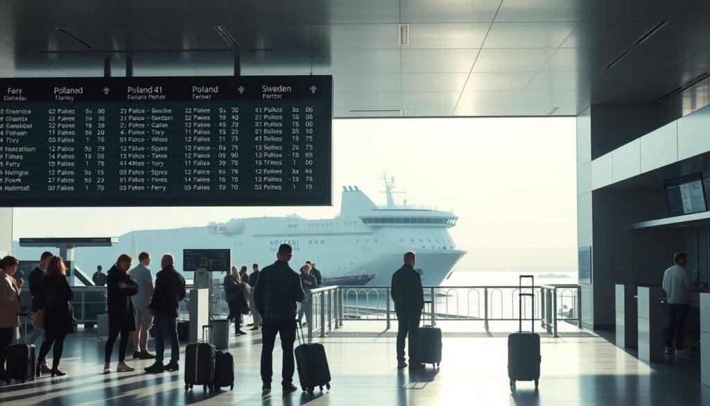 A sleek, modern ferry terminal with a large departure board showcasing ferry schedules and pricing from Poland to Sweden. The scene is bathed in soft, natural lighting, with a clean, minimalist aesthetic. In the foreground, a group of travelers stands patiently, examining their tickets and luggage, conveying the anticipation of an upcoming journey. The middle ground features the ticket booths and check-in counters, where efficient staff members assist customers. In the background, the silhouette of a large ferry can be seen docked, ready to embark on its voyage across the Baltic Sea. The overall mood is one of efficiency, organization, and the excitement of international travel.