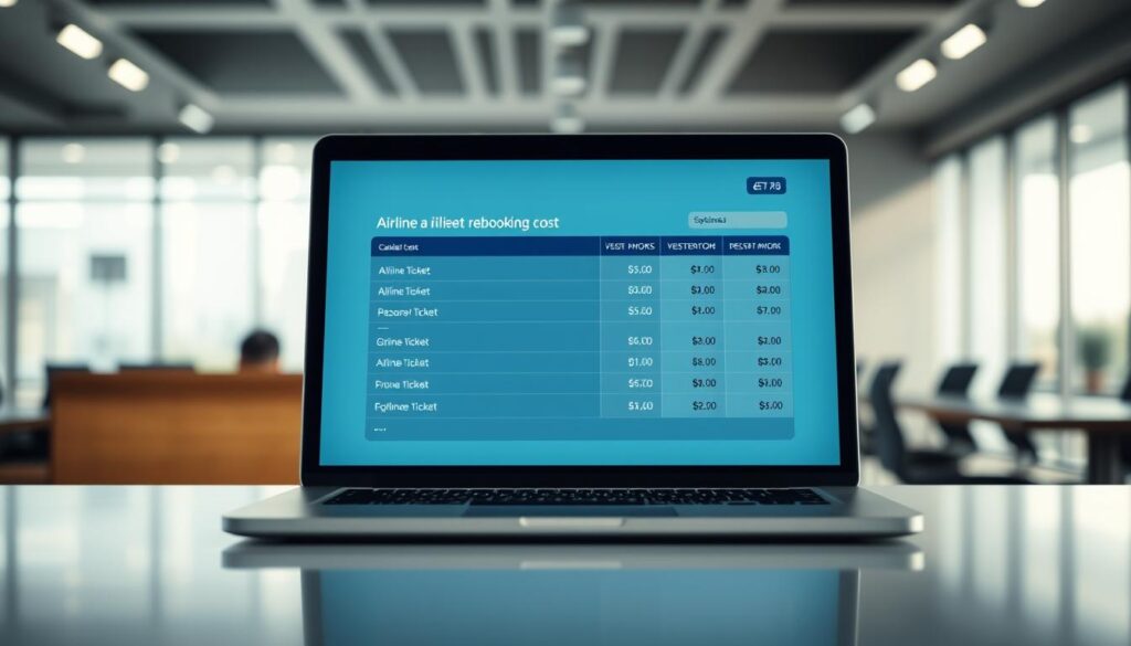 A sleek, modern office interior with a focus on a laptop screen displaying a detailed breakdown of airline ticket rebooking costs. The lighting is soft and directional, highlighting the screen's interface and the surrounding desk surface. The background is blurred, drawing the viewer's attention to the laptop as the central point of interest. The composition is balanced, with the screen positioned slightly off-center to create a sense of dynamic movement. The overall mood is one of professionalism and attention to detail, reflecting the complex process of calculating airline ticket rebooking fees. A sleek, modern office interior with a focus on a laptop screen displaying a detailed breakdown of airline ticket rebooking costs. The lighting is soft and directional, highlighting the screen's interface and the surrounding desk surface. The background is blurred, drawing the viewer's attention to the laptop as the central point of interest. The composition is balanced, with the screen positioned slightly off-center to create a sense of dynamic movement. The overall mood is one of professionalism and attention to detail, reflecting the complex process of calculating airline ticket rebooking fees.