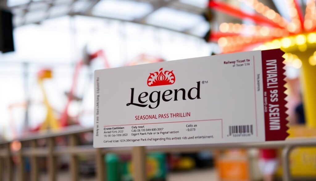 A sleek, modern railway ticket featuring the Legendia logo, set against a backdrop of the amusement park's colorful rides and attractions. The ticket is prominently displayed, with a focus on the seasonal pass design and pricing details. The image has a clean, professional look, conveying the convenience and value of a full-year access to Legendia's thrilling rides and entertainment. Soft, diffused lighting creates a sense of quality and elegance, while the overall composition draws the viewer's attention to the key details of the seasonal ticket. A sleek, modern railway ticket featuring the Legendia logo, set against a backdrop of the amusement park's colorful rides and attractions. The ticket is prominently displayed, with a focus on the seasonal pass design and pricing details. The image has a clean, professional look, conveying the convenience and value of a full-year access to Legendia's thrilling rides and entertainment. Soft, diffused lighting creates a sense of quality and elegance, while the overall composition draws the viewer's attention to the key details of the seasonal ticket.