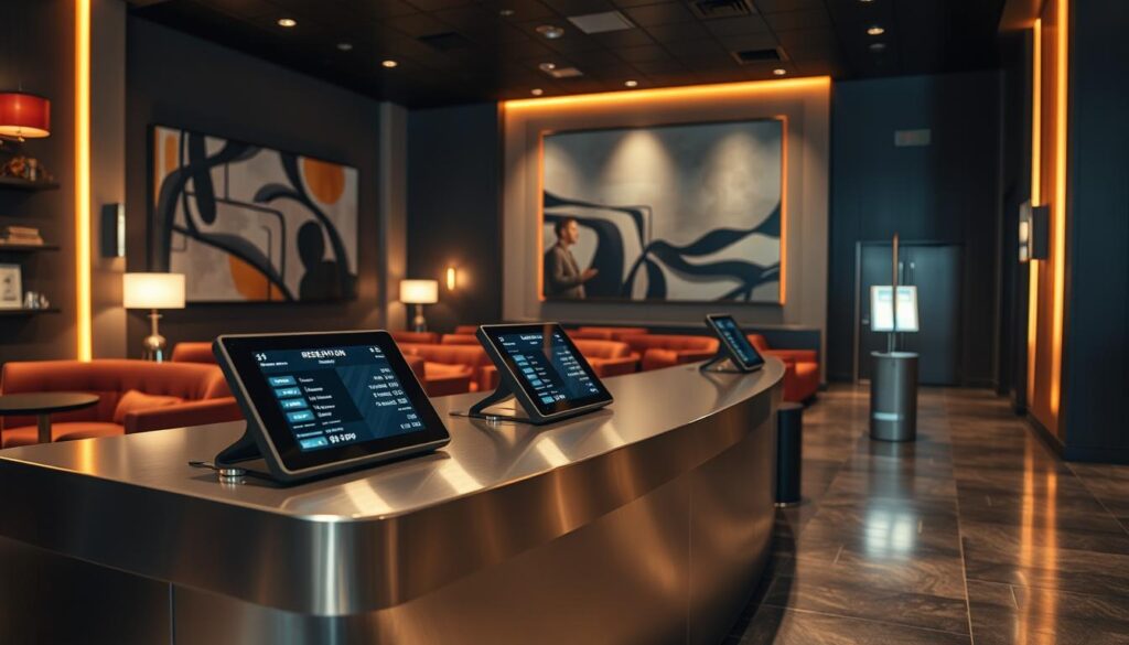A sleek, modern ticket booking counter in a stylish movie theater lobby. The counter is made of brushed metal and glass, with a digital display showing available show times and seat selection. The background features plush seating areas and abstract artwork on the walls, creating a sophisticated ambiance. Warm, directional lighting illuminates the scene, casting dramatic shadows and highlights. The camera angle is slightly elevated, giving a slightly bird's-eye view of the reservation process. The overall impression is one of efficiency, technology, and anticipation for the cinematic experience to come. A sleek, modern ticket booking counter in a stylish movie theater lobby. The counter is made of brushed metal and glass, with a digital display showing available show times and seat selection. The background features plush seating areas and abstract artwork on the walls, creating a sophisticated ambiance. Warm, directional lighting illuminates the scene, casting dramatic shadows and highlights. The camera angle is slightly elevated, giving a slightly bird's-eye view of the reservation process. The overall impression is one of efficiency, technology, and anticipation for the cinematic experience to come.