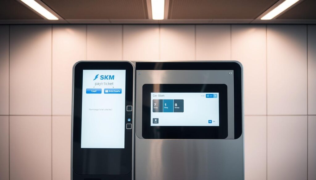 A sleek, modern ticket machine for the SKM (Szybka Kolej Miejska) urban rail system, set against a minimalist backdrop. The machine's metallic, touch-screen interface dominates the frame, inviting commuters to purchase tickets with a simple tap. Soft, diffused lighting from above casts a warm glow, highlighting the machine's clean, user-friendly design. The station's minimalist architecture provides an understated, yet sophisticated setting, complementing the ticket machine's streamlined aesthetic. The overall scene conveys the efficiency and convenience of the SKM transportation network, catering to the needs of busy urban commuters. A sleek, modern ticket machine for the SKM (Szybka Kolej Miejska) urban rail system, set against a minimalist backdrop. The machine's metallic, touch-screen interface dominates the frame, inviting commuters to purchase tickets with a simple tap. Soft, diffused lighting from above casts a warm glow, highlighting the machine's clean, user-friendly design. The station's minimalist architecture provides an understated, yet sophisticated setting, complementing the ticket machine's streamlined aesthetic. The overall scene conveys the efficiency and convenience of the SKM transportation network, catering to the needs of busy urban commuters.