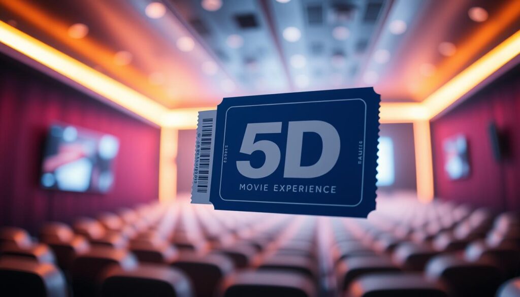 A stylish and modern cinema ticket for a 5D movie experience. The ticket is prominently displayed in the foreground, with a sleek, minimalist design featuring bold colors and clean typography. The background showcases a blurred, out-of-focus cinema interior, hinting at the immersive environment awaiting the viewer. Soft, directional lighting creates a warm, inviting atmosphere, drawing the eye to the central ticket. The composition is balanced and visually striking, capturing the essence of the premium 5D cinematic offering. A stylish and modern cinema ticket for a 5D movie experience. The ticket is prominently displayed in the foreground, with a sleek, minimalist design featuring bold colors and clean typography. The background showcases a blurred, out-of-focus cinema interior, hinting at the immersive environment awaiting the viewer. Soft, directional lighting creates a warm, inviting atmosphere, drawing the eye to the central ticket. The composition is balanced and visually striking, capturing the essence of the premium 5D cinematic offering.