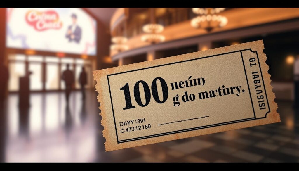 A stylized close-up view of a cinema ticket stub, prominently displaying the text "100 dni do matury" (100 days to graduation), against a blurred background of a movie theater lobby. The ticket is rendered in a muted, vintage color palette, with subtle shadows and highlights to convey a sense of depth and texture. The overall composition should feel elegant, sophisticated, and visually striking, capturing the significance and anticipation surrounding the "100 days to graduation" milestone for high school students.