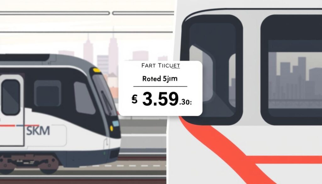 A stylized digital illustration depicting the price information for an SKM train ticket from Gdańsk to Sopot. The foreground showcases a modern, sleek SKM train carriage with clean lines and minimalist design. In the middle ground, a simple fare display panel presents the ticket prices in bold, legible typography against a neutral background. The background features a soft, blurred cityscape of Gdańsk and Sopot, capturing the urban setting of the commuter rail journey. The overall composition conveys a sense of efficiency, convenience, and practical information for the rider, set against the vibrant backdrop of the Tri-City metropolitan area. A stylized digital illustration depicting the price information for an SKM train ticket from Gdańsk to Sopot. The foreground showcases a modern, sleek SKM train carriage with clean lines and minimalist design. In the middle ground, a simple fare display panel presents the ticket prices in bold, legible typography against a neutral background. The background features a soft, blurred cityscape of Gdańsk and Sopot, capturing the urban setting of the commuter rail journey. The overall composition conveys a sense of efficiency, convenience, and practical information for the rider, set against the vibrant backdrop of the Tri-City metropolitan area.