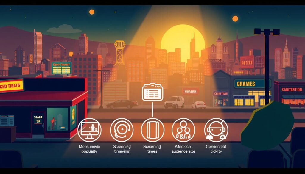 A stylized, high-quality illustration depicting the key factors influencing the cost of a 100 days to graduation movie ticket. In the foreground, prominent elements such as the movie theater facade, concession stand, and ticket booth are visible, showcasing the venue's infrastructure and amenities. In the middle ground, icons representing factors like movie popularity, screening time, and audience size are prominently displayed. In the background, a cityscape with various commercial and entertainment establishments provides context. The scene is bathed in warm, cinematic lighting, creating a vibrant and immersive atmosphere. The overall composition conveys the interconnected nature of the elements that contribute to the final ticket price.