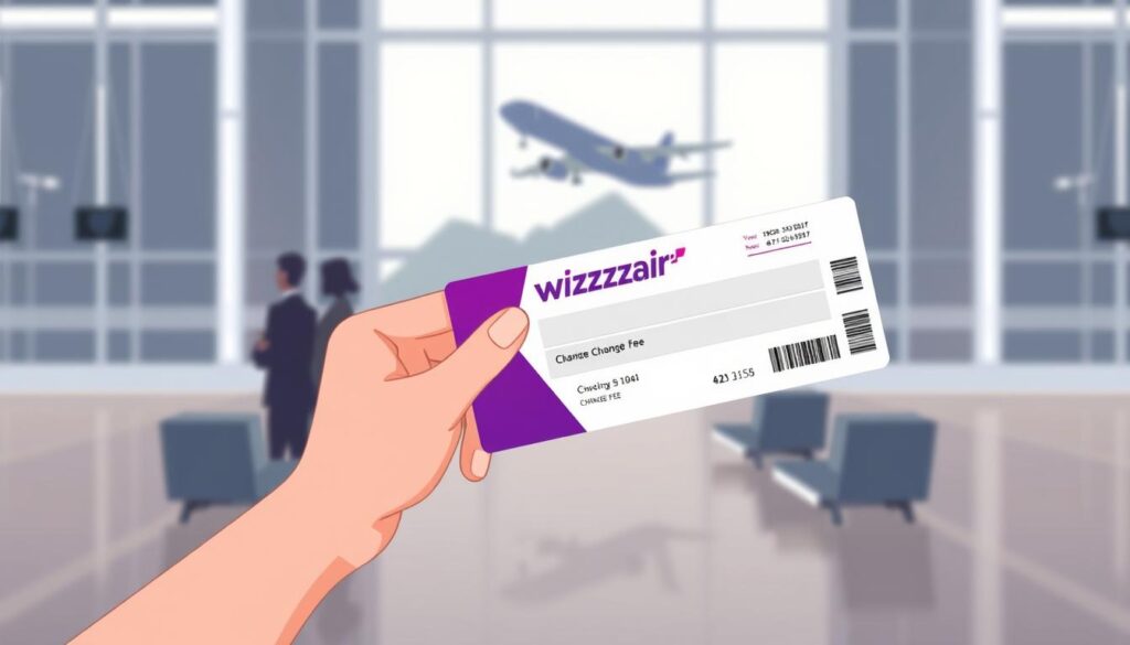 A stylized illustration depicting the "Wizzair Change Reservation Fee" concept. In the foreground, a hand holds a boarding pass against a blurred background of an airport terminal. The boarding pass features the Wizzair logo and stylized iconography representing the change fee. The middle ground showcases a modern, minimalist airport environment with clean lines and muted colors. In the background, a silhouette of an aircraft takes off, hinting at the broader context of air travel. The lighting is soft and diffused, creating a sense of tranquility and professionalism. The overall mood is one of efficiency, attention to detail, and the practical considerations of flight reservations.