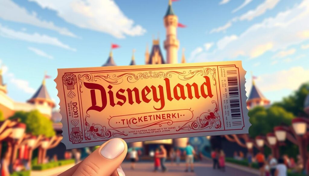 A stylized illustration of Disneyland tickets displayed prominently in the foreground, with a vibrant, colorful theme park landscape visible in the background. The tickets should have a glossy, premium appearance, showcasing intricate designs and patterns. The scene should be bathed in warm, golden lighting, creating a welcoming and magical atmosphere. The composition should be well-balanced, with the tickets taking up a significant portion of the frame to emphasize their importance. The overall aesthetic should capture the essence of the Disneyland experience and convey a sense of excitement and anticipation.