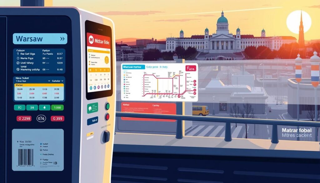 A stylized illustration showcasing the Warsaw metro fare chart. The foreground depicts a sleek, modern metro ticket machine with a clear display of the various ticket options and prices. The middle ground features a simplified metro map, highlighting the key stations and lines. The background depicts the Warsaw cityscape, with iconic landmarks like the Palace of Culture and Science in the distance, bathed in a warm, golden hour lighting. The overall composition conveys a sense of efficiency, accessibility, and the vibrant urban environment of Warsaw's public transportation system.