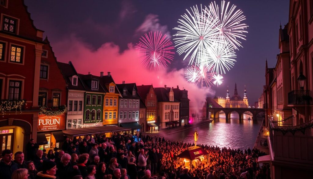 A vibrant New Year's Eve celebration in the historic city of Toruń, Poland. The scene depicts the picturesque Old Town, its charming cobblestone streets and colorful architecture illuminated by the warm glow of twinkling lights. In the foreground, a crowd of revelers gathers around a central stage, eagerly anticipating the countdown to midnight. The sky is alight with a dazzling display of fireworks, their bursts of color reflected in the Vistula River that winds through the city. The atmosphere is one of joy, anticipation, and the welcoming of a new year, capturing the energy and excitement of this annual event in Toruń.