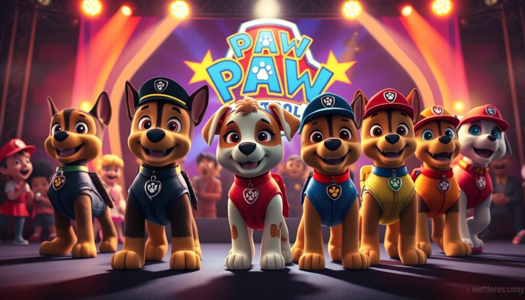 A vibrant, action-packed scene of the Paw Patrol pups on stage, performing in an upcoming live show. In the foreground, Chase, Marshall, and Rubble are center stage, their uniforms and gear meticulously detailed. The middle ground features the other pups - Skye, Zuma, and Rocky - excitedly cheering and supporting their friends. In the background, a dynamic, colorful stage set with spotlights and a stylized Paw Patrol logo creates an immersive theatrical atmosphere. Lighting is warm and dramatic, capturing the excitement and energy of the moment. The composition is balanced and dynamic, drawing the viewer's eye to the main pups while providing a sense of the larger performance. An inspiring, family-friendly scene that captures the spirit of the beloved Paw Patrol franchise.