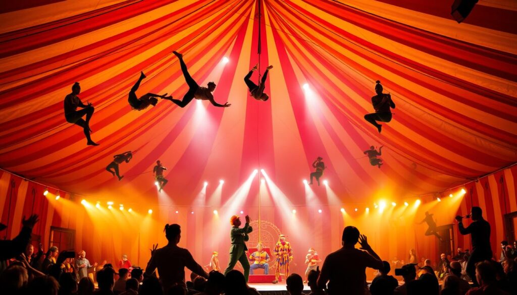 A vibrant and captivating circus performance under the grand, striped tent of the Zalewski Circus in 2025. In the foreground, acrobats soar through the air, twisting and turning with effortless grace. In the middle ground, clowns dressed in vibrant costumes engage the audience with their comedic antics, eliciting laughter and applause. The background is filled with the silhouettes of other performers, from jugglers to tightrope walkers, all showcasing their extraordinary skills. The scene is illuminated by warm, theatrical lighting, casting dramatic shadows and highlights across the scene. The overall atmosphere is one of excitement, wonder, and pure entertainment, capturing the essence of the Zalewski Circus in the year 2025.