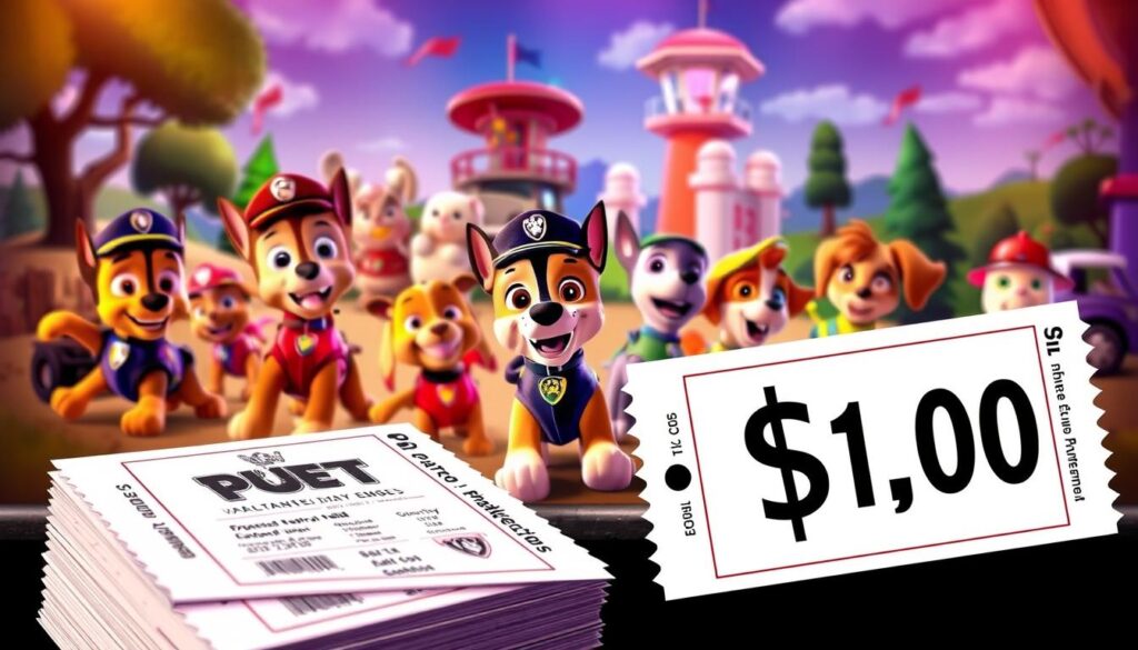 A vibrant and colorful image depicting the cost of a ticket to a Psi Patrol event. In the foreground, a stack of tickets in various denominations, with a prominent price tag showcasing the cost. In the middle ground, the iconic Psi Patrol characters - Chase, Marshall, Rubble, and others - are engaged in playful, energetic poses, capturing the excitement and joy of the event. The background features a stylized, whimsical landscape with elements from the Psi Patrol universe, such as the Lookout Tower and the pups' vehicles. The lighting is warm and inviting, creating a welcoming atmosphere. The overall composition emphasizes the accessibility and affordability of the Psi Patrol experience for families and children.
