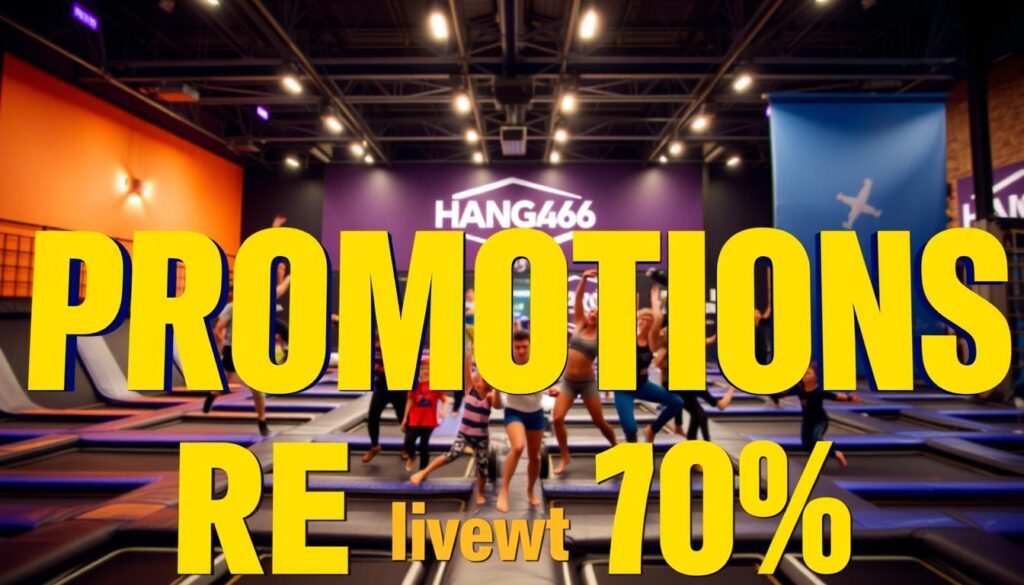 A vibrant and eye-catching poster showcasing the latest ticket promotions and discounts for Hangar 646 in Warsaw. The foreground features a bold, typographic headline highlighting the "PROMOTIONS" in a visually striking manner, with the price reduction clearly communicated. In the middle ground, a group of people enjoying the various attractions at Hangar 646, such as trampolines and other active experiences, captured in a dynamic and energetic pose. The background subtly incorporates the Hangar 646 branding and architectural elements, conveying a sense of place and excitement. The overall composition is balanced, with a warm, inviting color palette and soft, directional lighting that creates a welcoming and appealing atmosphere, encouraging viewers to take advantage of the promotional offers. A vibrant and eye-catching poster showcasing the latest ticket promotions and discounts for Hangar 646 in Warsaw. The foreground features a bold, typographic headline highlighting the "PROMOTIONS" in a visually striking manner, with the price reduction clearly communicated. In the middle ground, a group of people enjoying the various attractions at Hangar 646, such as trampolines and other active experiences, captured in a dynamic and energetic pose. The background subtly incorporates the Hangar 646 branding and architectural elements, conveying a sense of place and excitement. The overall composition is balanced, with a warm, inviting color palette and soft, directional lighting that creates a welcoming and appealing atmosphere, encouraging viewers to take advantage of the promotional offers.