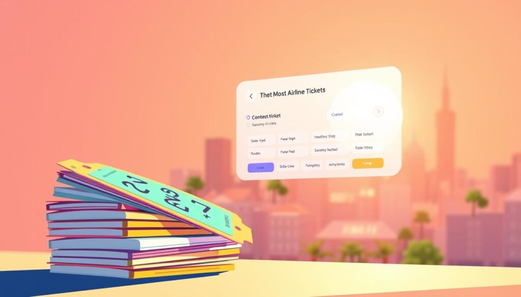 A vibrant and minimalist illustration showcasing the most affordable airline tickets. In the foreground, a stack of stylized ticket stubs in various colors, conveying the idea of seasonal pricing fluctuations. In the middle ground, a simple airline ticket booking interface with intuitive controls and a clean, modern design. The background features a softly blurred, sun-dappled cityscape, hinting at the destinations accessible through these budget-friendly fares. The overall composition and lighting evoke a sense of accessibility, affordability, and the excitement of travel. A visually striking yet uncluttered image that effectively highlights the core concept of finding the cheapest flight options.