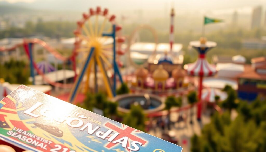 A vibrant and visually compelling image of a seasonal pass to the Legendia amusement park. The pass should be prominently displayed in the foreground, its glossy surface catching the warm, golden light. In the middle ground, a blurred view of the park's iconic roller coasters and attractions, hinting at the excitement and adventure that awaits the pass holder. The background should be a softly blurred cityscape, conveying a sense of the park's convenient location and accessibility. The overall mood should be one of anticipation, joy, and the promise of endless fun and thrills for the holder of this coveted seasonal pass. A vibrant and visually compelling image of a seasonal pass to the Legendia amusement park. The pass should be prominently displayed in the foreground, its glossy surface catching the warm, golden light. In the middle ground, a blurred view of the park's iconic roller coasters and attractions, hinting at the excitement and adventure that awaits the pass holder. The background should be a softly blurred cityscape, conveying a sense of the park's convenient location and accessibility. The overall mood should be one of anticipation, joy, and the promise of endless fun and thrills for the holder of this coveted seasonal pass.