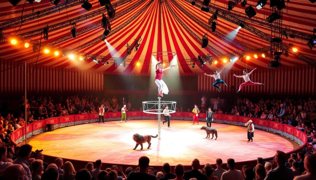 A vibrant circus performance in Circus Polonia, with acrobats gracefully swinging from trapezes, clowns entertaining the crowd with comedic antics, and trained animals showcasing their remarkable skills. The center ring is illuminated by warm, theatrical lighting, casting dramatic shadows and highlighting the performers' athletic prowess. In the background, the iconic red-and-white striped tent canopy creates a sense of excitement and anticipation. The atmosphere is electric, with the audience's laughter and applause adding to the lively energy of the scene. A vibrant circus performance in Circus Polonia, with acrobats gracefully swinging from trapezes, clowns entertaining the crowd with comedic antics, and trained animals showcasing their remarkable skills. The center ring is illuminated by warm, theatrical lighting, casting dramatic shadows and highlighting the performers' athletic prowess. In the background, the iconic red-and-white striped tent canopy creates a sense of excitement and anticipation. The atmosphere is electric, with the audience's laughter and applause adding to the lively energy of the scene.
