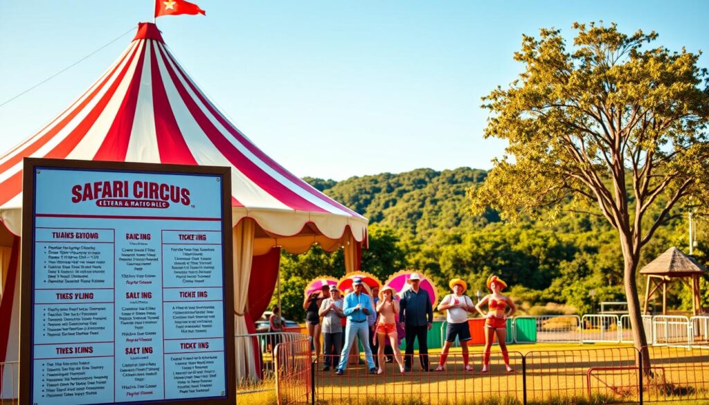 A vibrant circus tent stands tall, its striped canvas billowing in the gentle breeze. In the foreground, a display board showcases an array of ticket options for the Safari Circus, each with detailed pricing and descriptions. The middle ground features a group of cheerful performers in colorful costumes, ready to entertain the audience. In the background, a lush, verdant landscape sets the stage, hinting at the exotic animals and thrilling experiences that await within the circus. The lighting is warm and inviting, casting a golden glow over the entire scene, and the composition is balanced and visually compelling, drawing the viewer's eye through the various layers of the image. A vibrant circus tent stands tall, its striped canvas billowing in the gentle breeze. In the foreground, a display board showcases an array of ticket options for the Safari Circus, each with detailed pricing and descriptions. The middle ground features a group of cheerful performers in colorful costumes, ready to entertain the audience. In the background, a lush, verdant landscape sets the stage, hinting at the exotic animals and thrilling experiences that await within the circus. The lighting is warm and inviting, casting a golden glow over the entire scene, and the composition is balanced and visually compelling, drawing the viewer's eye through the various layers of the image.