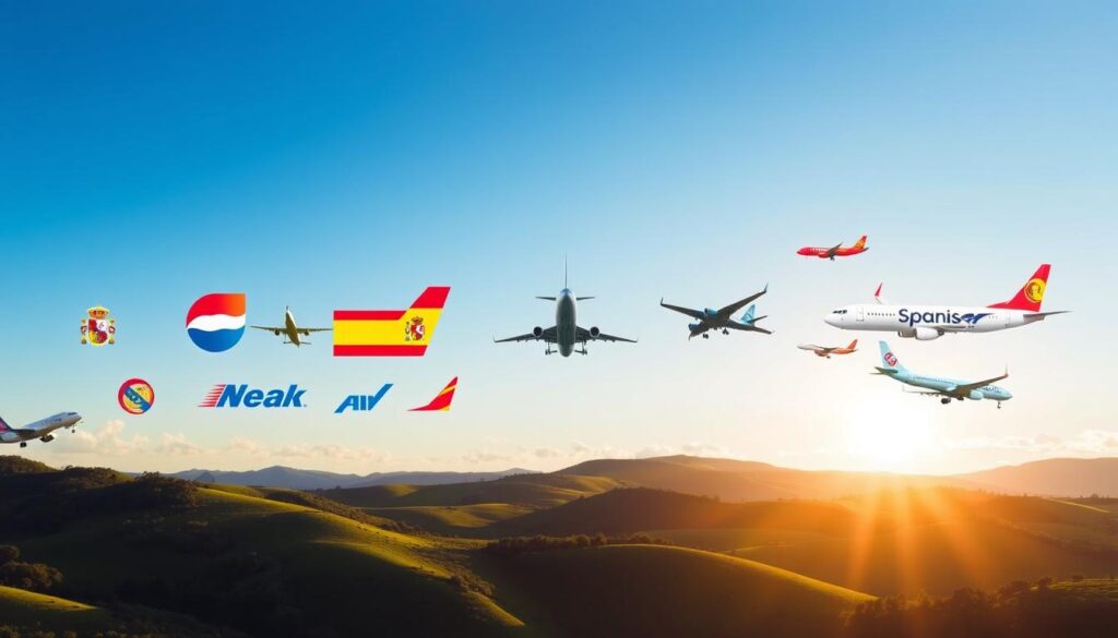A vibrant collage of popular Spanish airline logos and liveries, depicted against a scenic backdrop of rolling hills and a cloudless azure sky. The foreground features prominent brand marks and color schemes of the leading air carriers servicing routes to Spain, arranged in a dynamic, eye-catching layout. The middle ground showcases sleek, modern aircraft in flight, their silhouettes casting long shadows across the lush, verdant landscape. The background is suffused with warm, golden lighting, creating a sense of energy and anticipation. The overall composition conveys the reliable connectivity, diverse options, and adventurous spirit of traveling to Spain by air. A vibrant collage of popular Spanish airline logos and liveries, depicted against a scenic backdrop of rolling hills and a cloudless azure sky. The foreground features prominent brand marks and color schemes of the leading air carriers servicing routes to Spain, arranged in a dynamic, eye-catching layout. The middle ground showcases sleek, modern aircraft in flight, their silhouettes casting long shadows across the lush, verdant landscape. The background is suffused with warm, golden lighting, creating a sense of energy and anticipation. The overall composition conveys the reliable connectivity, diverse options, and adventurous spirit of traveling to Spain by air.