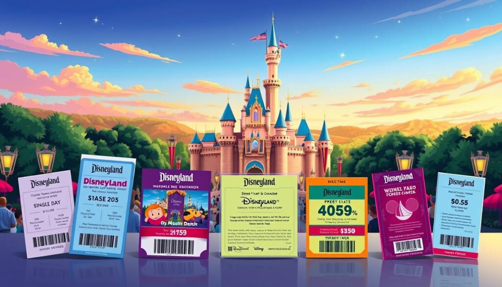 A vibrant, detailed illustration showcasing the various types of tickets for Disneyland. The foreground features a display of different ticket options, including single-day, multi-day, and special event passes, each with their own distinct design and branding. The middle ground depicts the iconic Disneyland castle and surrounding park attractions, captured in a warm, magical lighting. The background sets the scene with a lush, colorful landscape, hinting at the diverse experiences and enchantment waiting for visitors. The overall composition conveys the excitement and variety of Disneyland's ticketing options, inviting the viewer to plan their perfect Disney adventure.