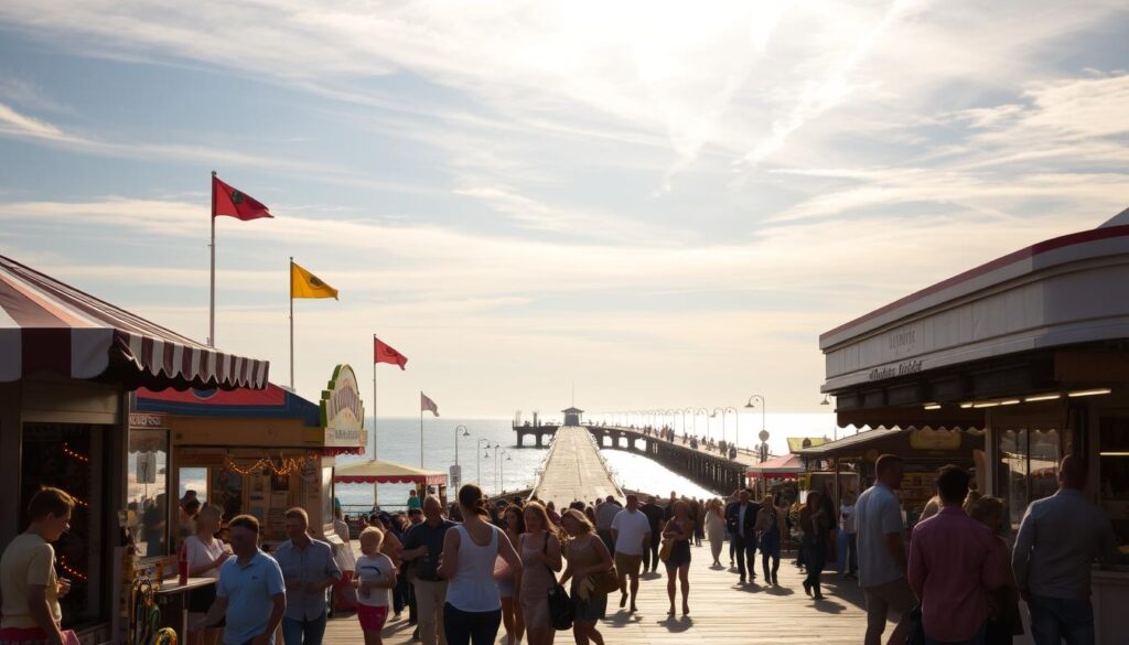 A vibrant seaside scene along the Sopot Pier, featuring an array of lively attractions. In the foreground, families and friends engage in lively games and activities, their laughter and excitement filling the air. The middle ground showcases various carnival-style stalls and vendors, offering an assortment of local treats, crafts, and souvenirs. In the background, the iconic wooden pier stretches out towards the shimmering Baltic Sea, its elegant silhouette framed by the warm, golden glow of the sun filtering through wispy clouds. The entire scene is bathed in a soft, coastal ambiance, capturing the lively, carefree spirit of the Sopot Pier experience. A vibrant seaside scene along the Sopot Pier, featuring an array of lively attractions. In the foreground, families and friends engage in lively games and activities, their laughter and excitement filling the air. The middle ground showcases various carnival-style stalls and vendors, offering an assortment of local treats, crafts, and souvenirs. In the background, the iconic wooden pier stretches out towards the shimmering Baltic Sea, its elegant silhouette framed by the warm, golden glow of the sun filtering through wispy clouds. The entire scene is bathed in a soft, coastal ambiance, capturing the lively, carefree spirit of the Sopot Pier experience.