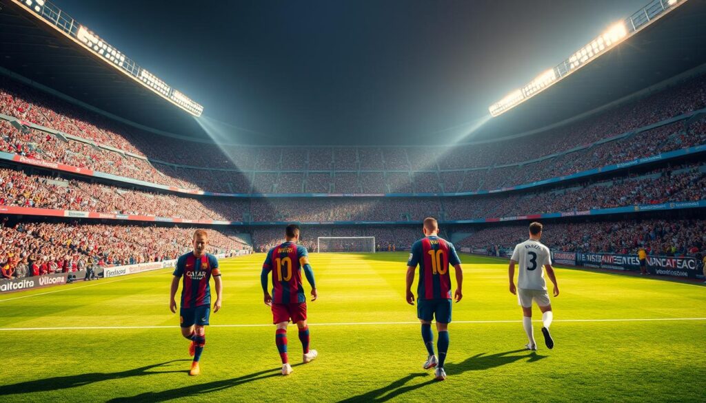 A vibrant stadium scene showcasing the high-stakes match between Barcelona and Real Madrid. In the foreground, two opposing teams stride onto the lush, verdant pitch, their jerseys emblazoned with the iconic crests. The middle ground captures the energy of the crowd, their faces alight with anticipation, creating a palpable atmosphere of excitement. Sweeping panoramic views of the stadium's grand architecture fill the background, with dramatic lighting casting long shadows across the stands. The scene conveys the prestige and importance of this legendary El Clásico encounter, inviting the viewer to imagine the thrill and spectacle of attending this premier football event.