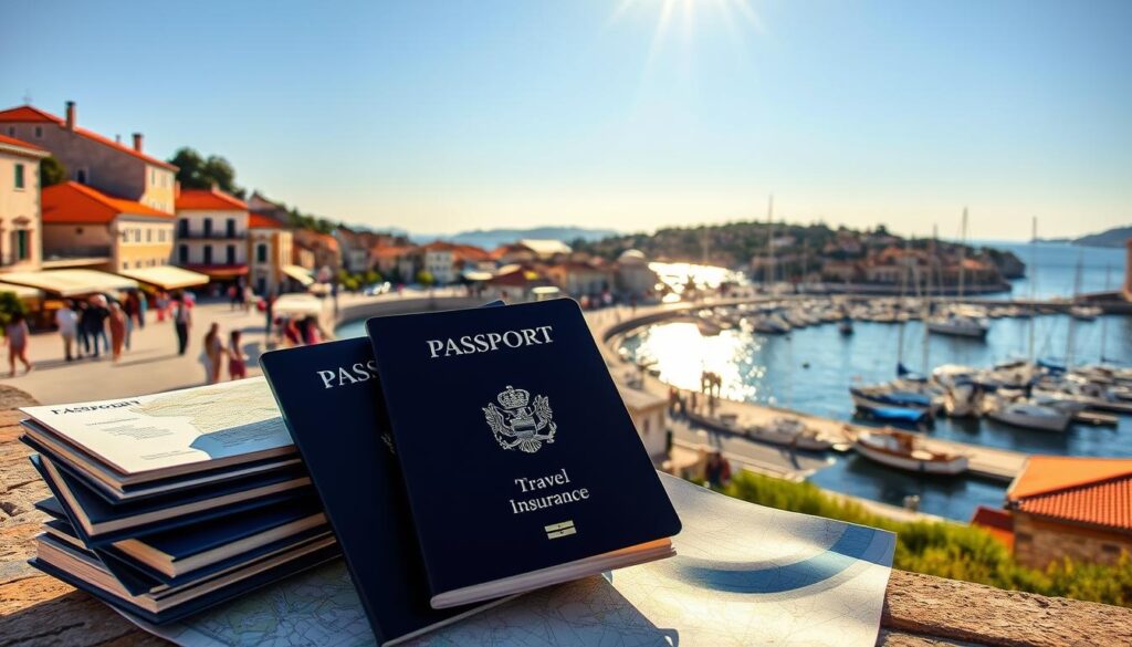 A vibrant, sun-drenched scene of a Croatian coastal town. In the foreground, a stack of passports, a map, and a travel insurance document, conveying the importance of protecting oneself while exploring the country. The middle ground features a stunning seaside promenade, with people strolling and enjoying the Mediterranean ambiance. In the background, a picturesque harbor dotted with sailboats and surrounded by terracotta-roofed buildings. The lighting is warm and natural, casting a golden glow over the entire scene, evoking the relaxed and carefree spirit of a Croatian vacation. The overall composition and attention to detail create a compelling and visually appealing image that reflects the subject of travel insurance for a trip to Croatia.